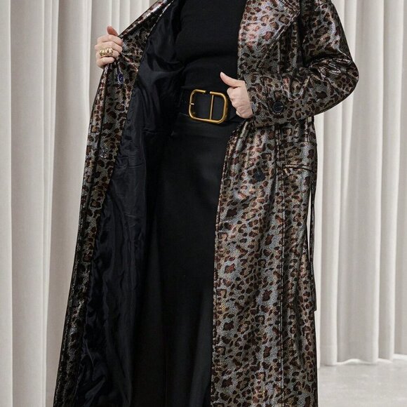 Multicolor Elegant Women's Leopard Print Faux Leather Trench coat / Jacket - Picture 8 of 8